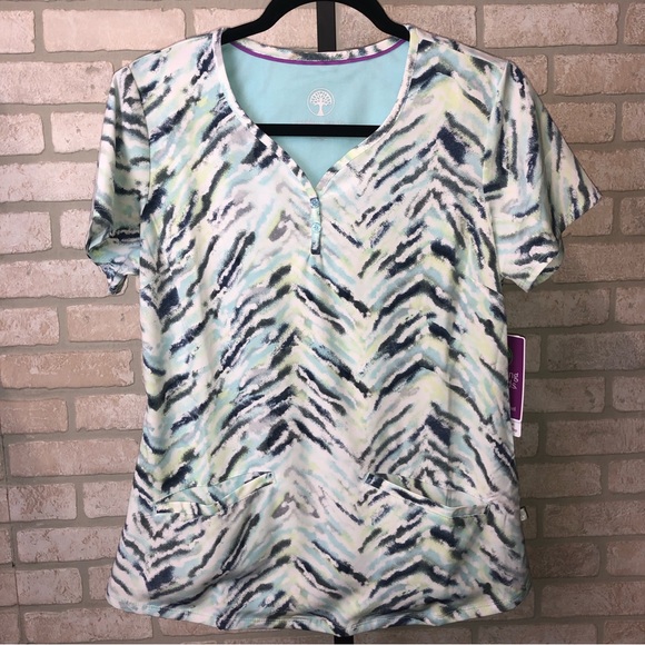 Healing Hands two button Jewel Neck blue and green patterned Scrub top - Picture 2 of 8